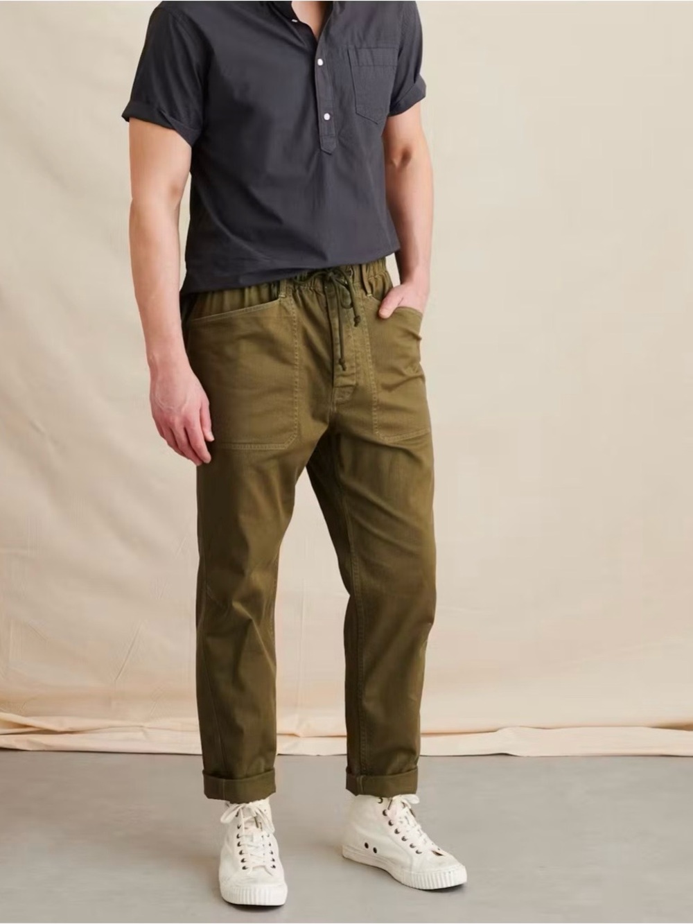 Alex Mill Pull On Button Fly Pants Men's Large Olive Twill Drawstring Pockets